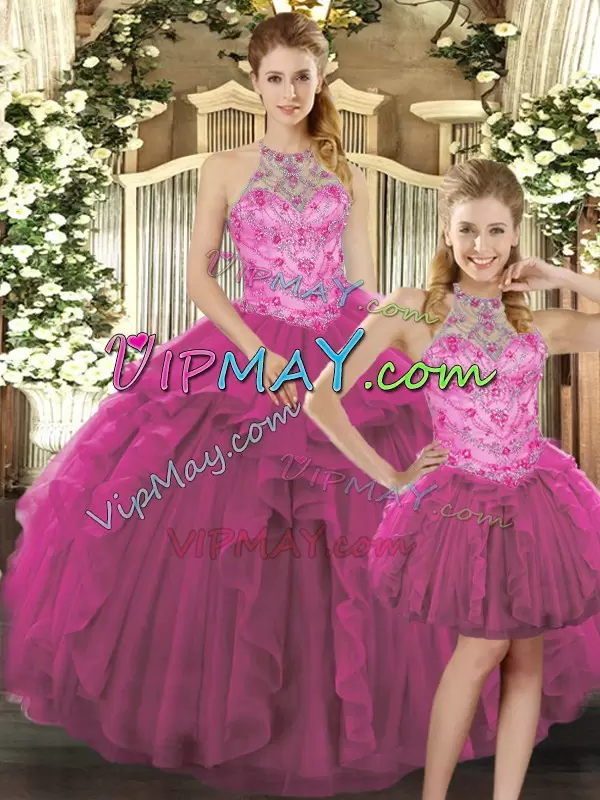 Sweet Fuchsia Lace Up Quinceanera Dress Beading and Ruffles Sleeveless Floor Length