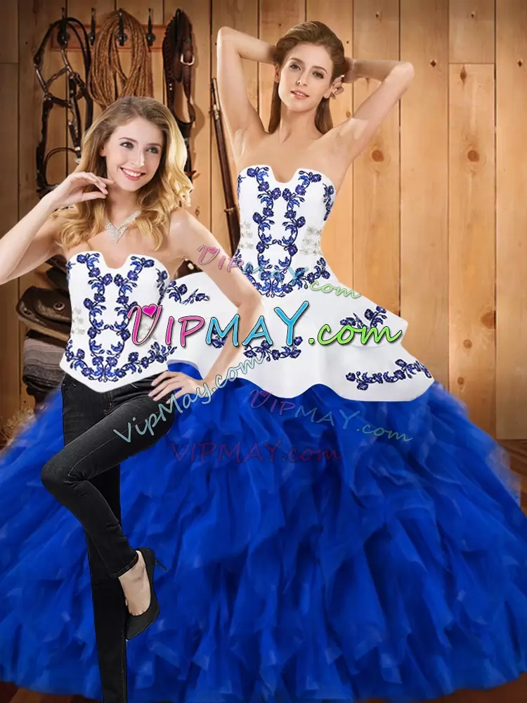 Custom Design Blue And White Sleeveless Floor Length Embroidery and Ruffles Lace Up Quinceanera Dresses Strapless