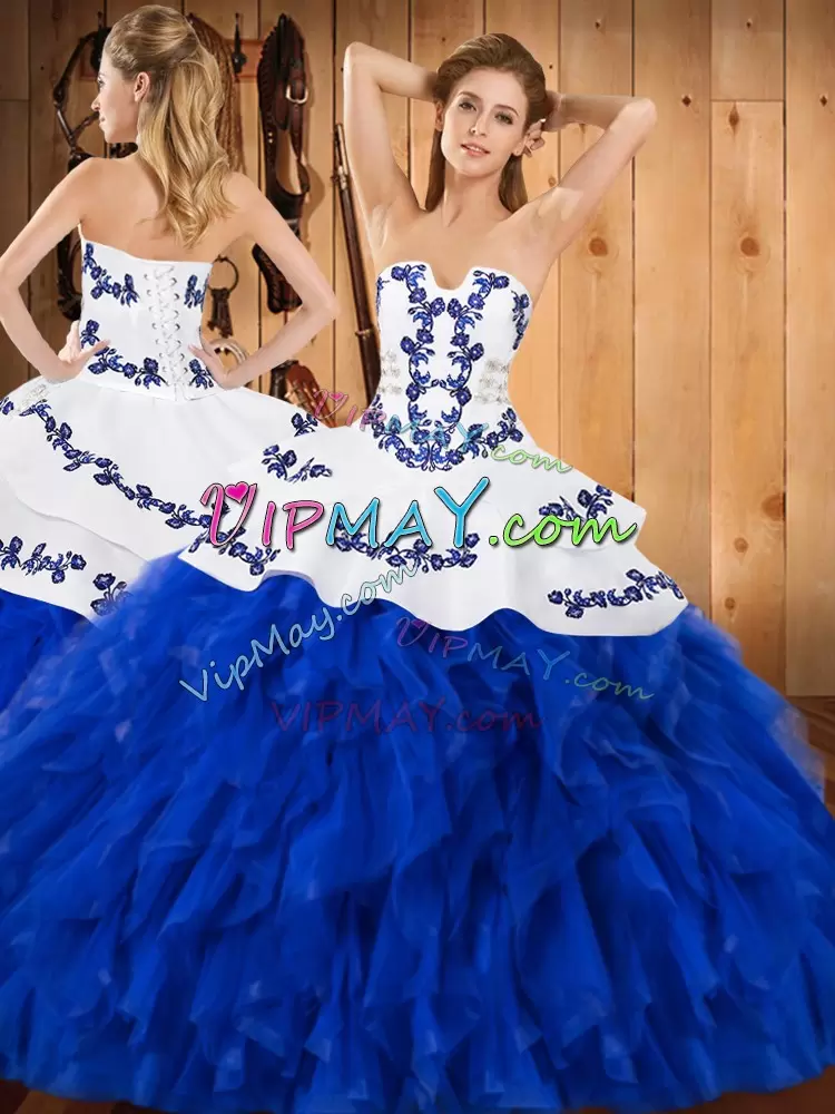 Custom Design Blue And White Sleeveless Floor Length Embroidery and Ruffles Lace Up Quinceanera Dresses Strapless