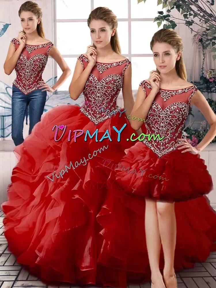 Red Organza Lace Up Quinceanera Dress Sleeveless Floor Length Beading and Ruffles