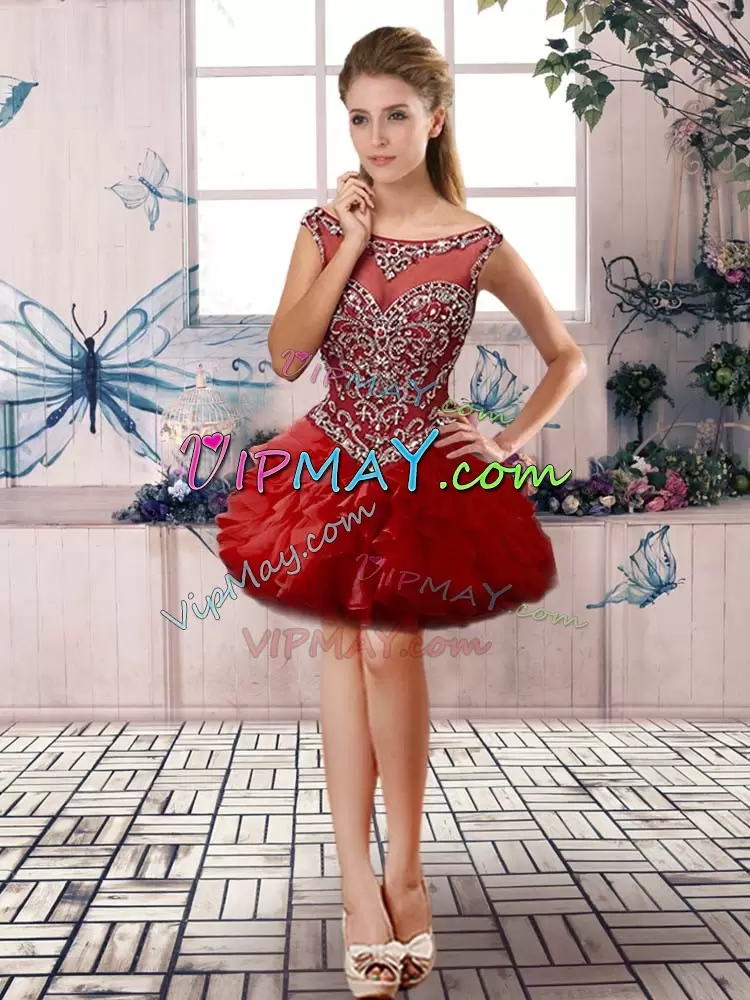 Red Organza Lace Up Quinceanera Dress Sleeveless Floor Length Beading and Ruffles