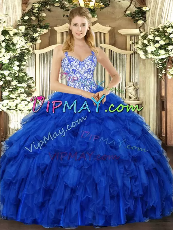 Discount Straps Sleeveless 15 Quinceanera Dress Floor Length Beading and Ruffles Royal Blue Organza