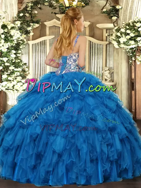 Discount Straps Sleeveless 15 Quinceanera Dress Floor Length Beading and Ruffles Royal Blue Organza