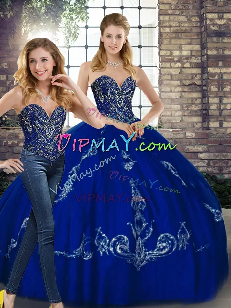 Floor Length Royal Blue Sweet 16 Dress Tulle Sleeveless Beading and Embroidery