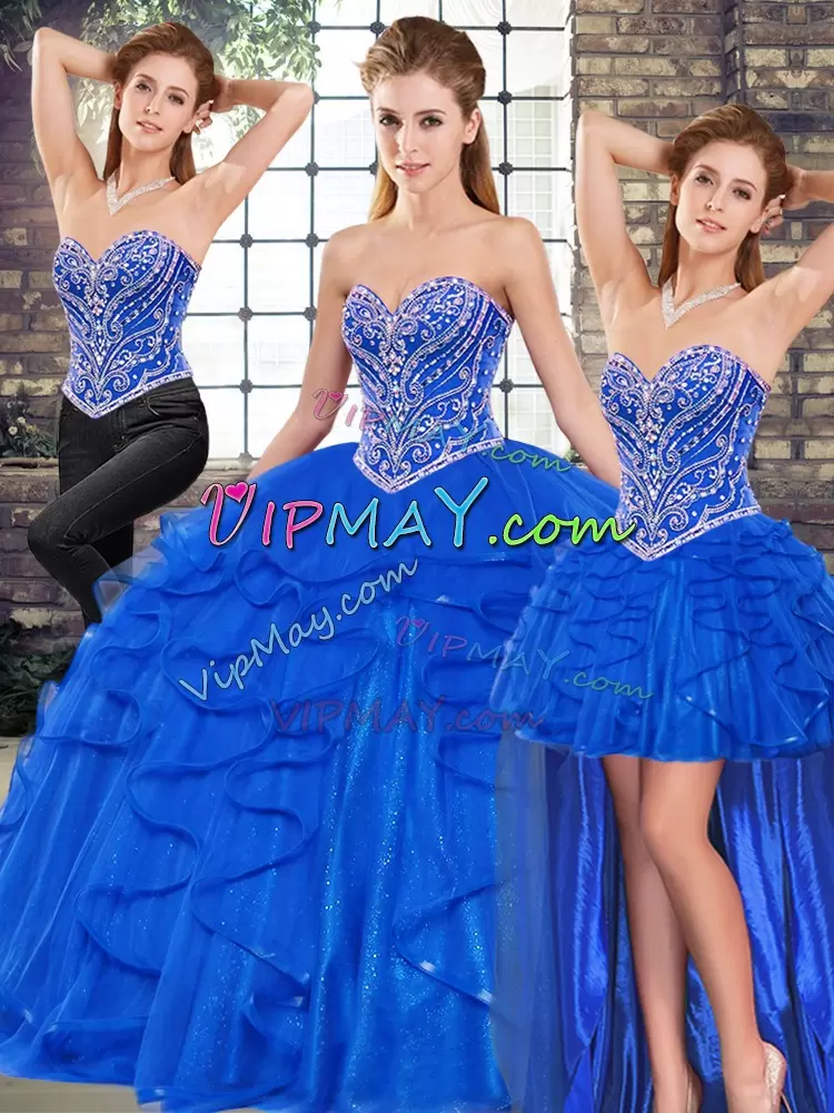 Royal Blue Three Pieces Beading and Ruffles Sweet 16 Dress Lace Up Tulle Sleeveless Floor Length