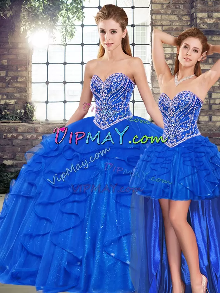 Royal Blue Three Pieces Beading and Ruffles Sweet 16 Dress Lace Up Tulle Sleeveless Floor Length