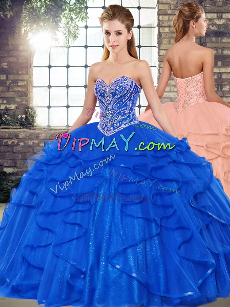 Royal Blue Three Pieces Beading and Ruffles Sweet 16 Dress Lace Up Tulle Sleeveless Floor Length