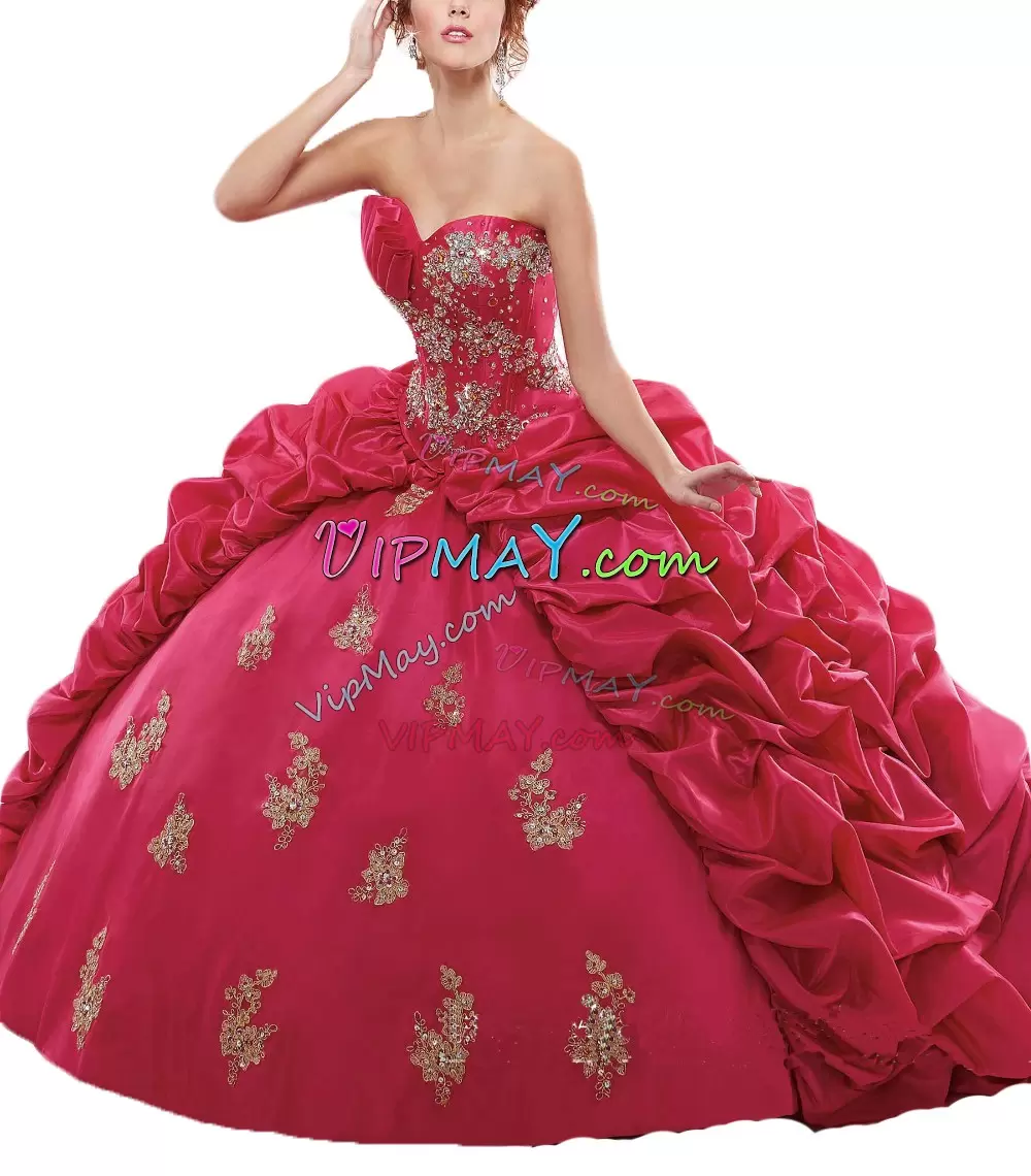 Hot Pink Taffeta Lace Up Sweetheart Sleeveless 15th Birthday Dress Beading and Appliques