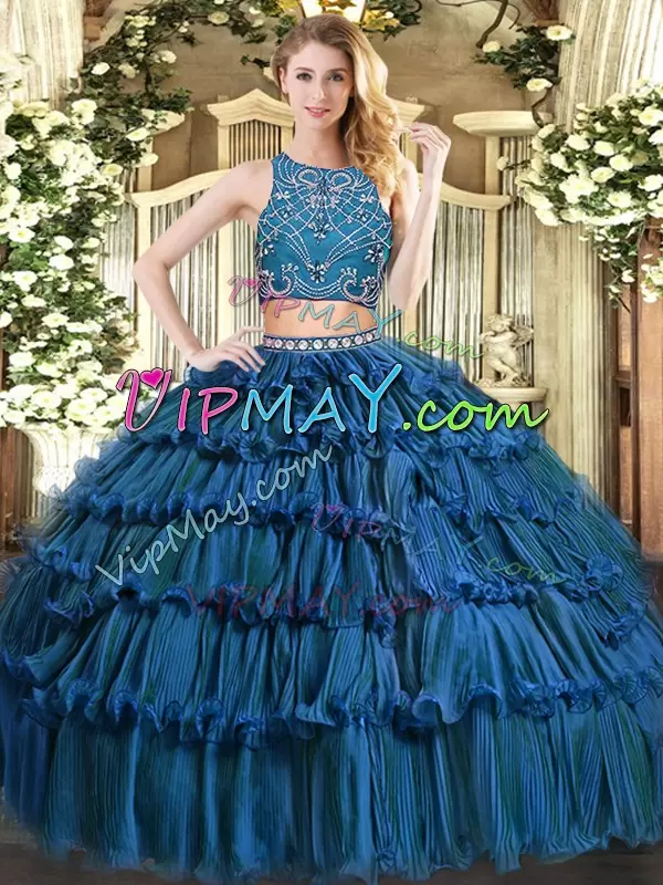 Chic Teal High-neck Neckline Beading and Ruffled Layers Sweet 16 Dress Sleeveless Zipper