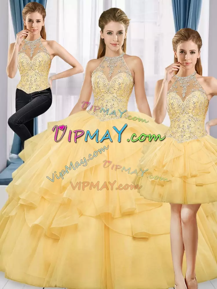 Gold Lace Up 15th Birthday Dress Beading Sleeveless