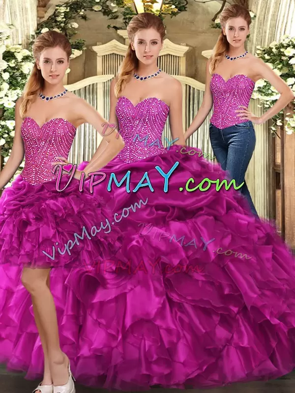 Beading and Ruffles Sweet 16 Dresses Fuchsia Lace Up Sleeveless Floor Length