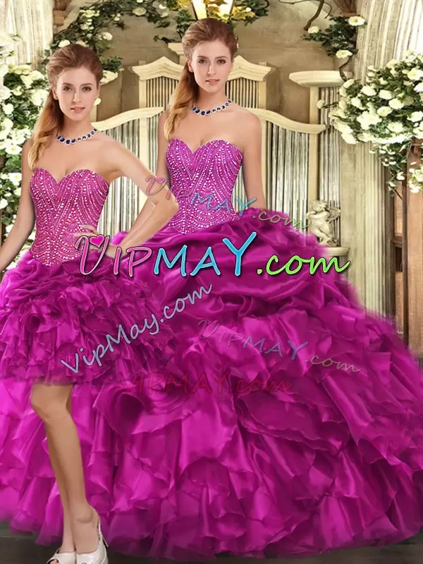 Beading and Ruffles Sweet 16 Dresses Fuchsia Lace Up Sleeveless Floor Length