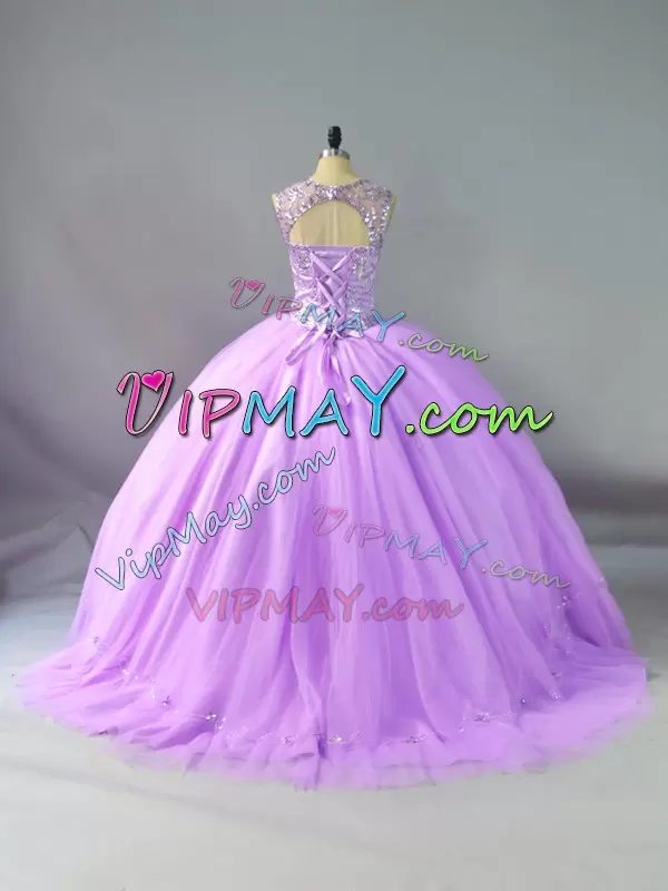 Floor Length Lavender Sweet 16 Dress Scoop Sleeveless Lace Up