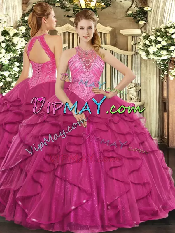 Smart Floor Length Ball Gowns Sleeveless Hot Pink Quinceanera Gown Lace Up