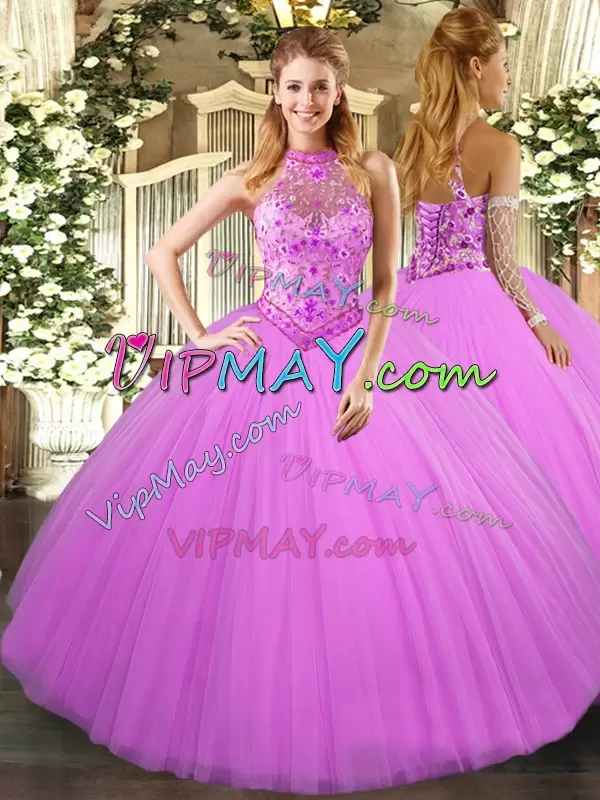 Trendy Lilac Sleeveless Tulle Lace Up Quince Ball Gowns for Sweet 16 and Quinceanera