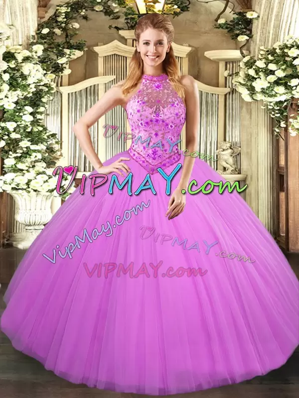 Trendy Lilac Sleeveless Tulle Lace Up Quince Ball Gowns for Sweet 16 and Quinceanera