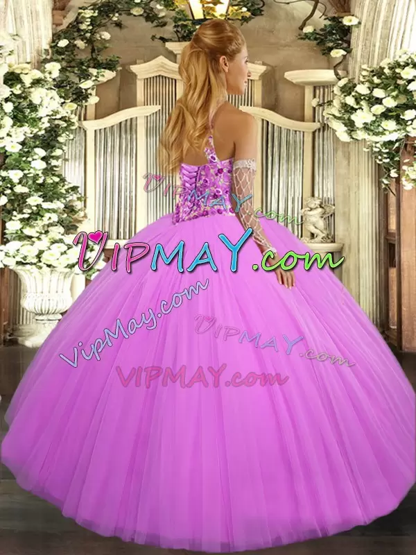 Trendy Lilac Sleeveless Tulle Lace Up Quince Ball Gowns for Sweet 16 and Quinceanera