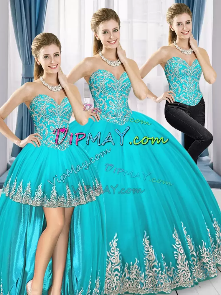 Traditional Aqua Blue Quince Ball Gowns Military Ball and Sweet 16 and Quinceanera with Beading and Embroidery Sweetheart Sleeveless Lace Up