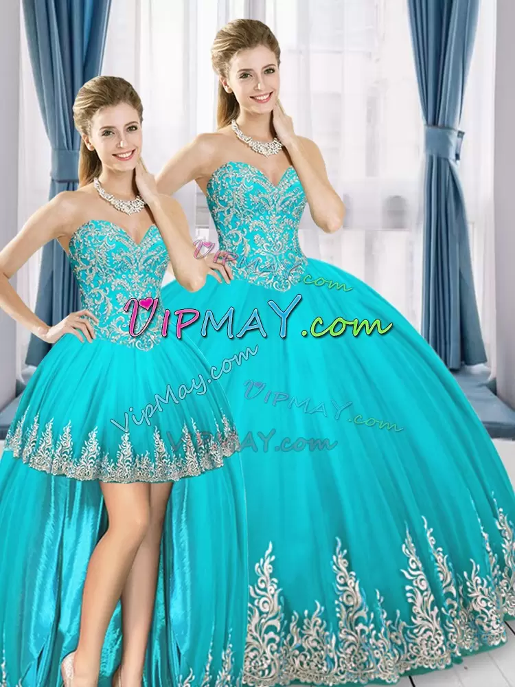 Traditional Aqua Blue Quince Ball Gowns Military Ball and Sweet 16 and Quinceanera with Beading and Embroidery Sweetheart Sleeveless Lace Up