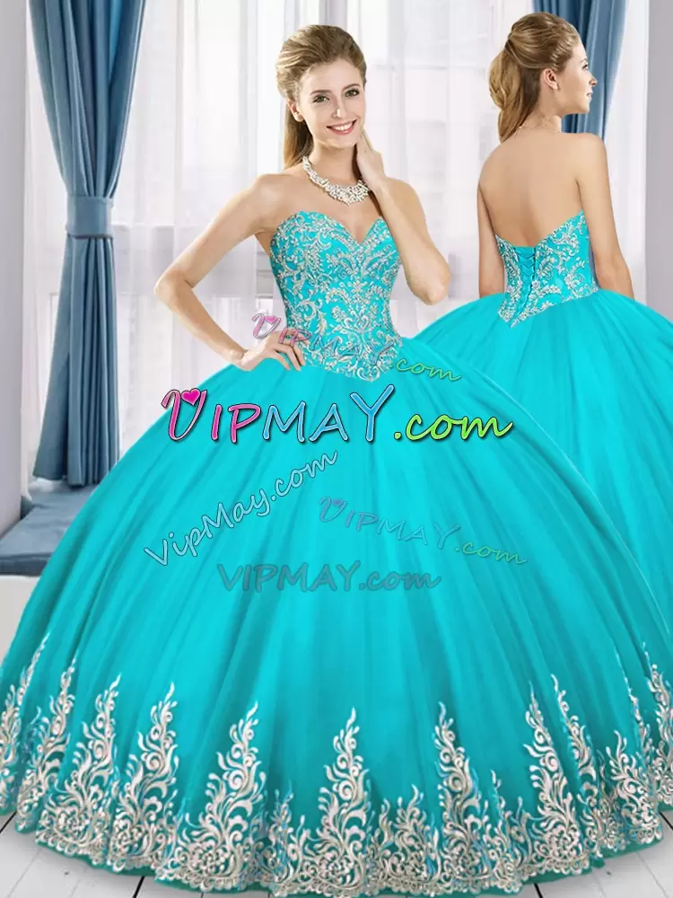 Traditional Aqua Blue Quince Ball Gowns Military Ball and Sweet 16 and Quinceanera with Beading and Embroidery Sweetheart Sleeveless Lace Up