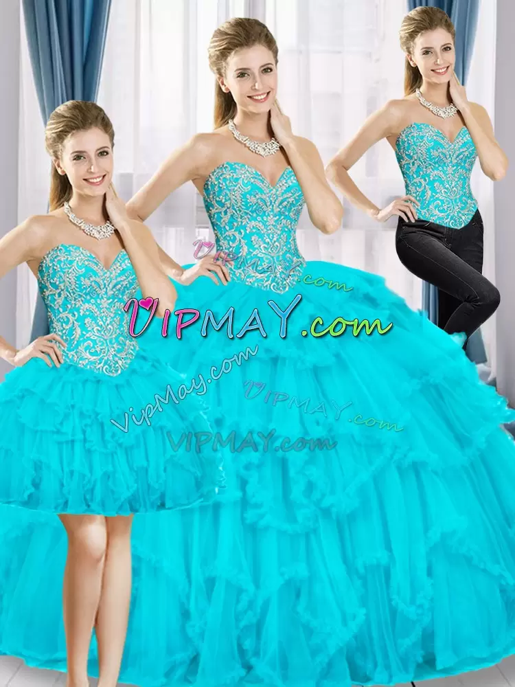 Aqua Blue Ball Gowns Sweetheart Sleeveless Tulle Floor Length Lace Up Beading and Ruffles Sweet 16 Quinceanera Dress