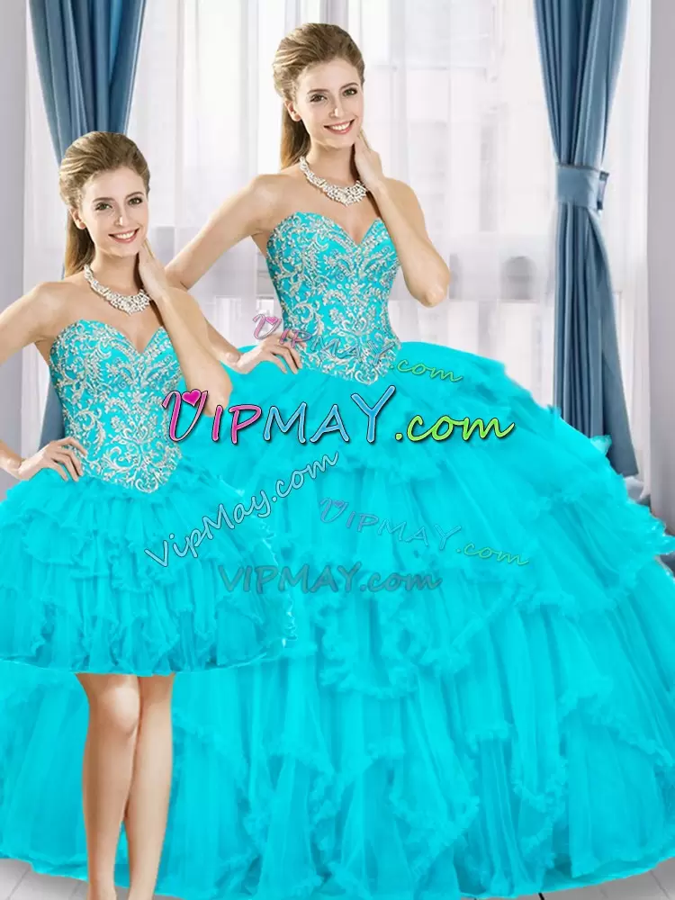 Aqua Blue Ball Gowns Sweetheart Sleeveless Tulle Floor Length Lace Up Beading and Ruffles Sweet 16 Quinceanera Dress