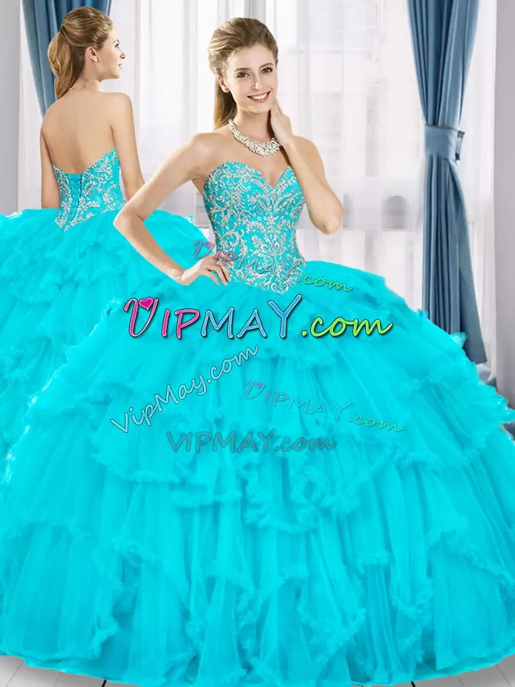 Aqua Blue Ball Gowns Sweetheart Sleeveless Tulle Floor Length Lace Up Beading and Ruffles Sweet 16 Quinceanera Dress