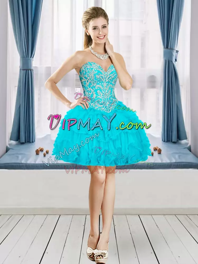 Aqua Blue Ball Gowns Sweetheart Sleeveless Tulle Floor Length Lace Up Beading and Ruffles Sweet 16 Quinceanera Dress