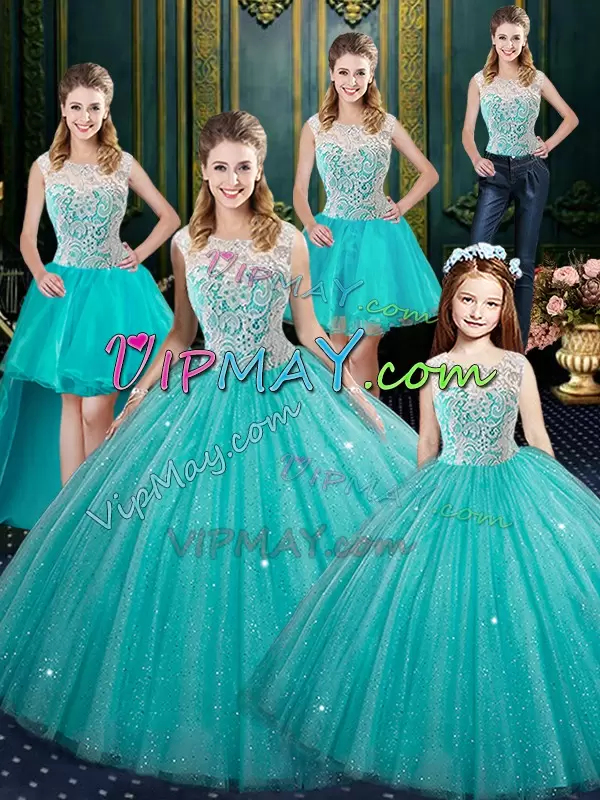 Flare Aqua Blue Lace Up Quinceanera Gown Lace Sleeveless Floor Length