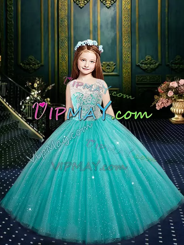 Flare Aqua Blue Lace Up Quinceanera Gown Lace Sleeveless Floor Length