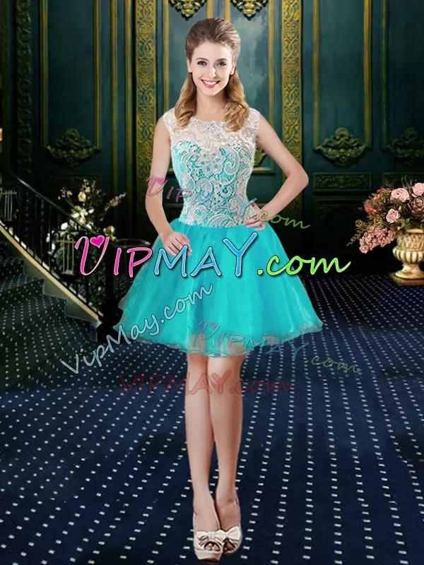 Flare Aqua Blue Lace Up Quinceanera Gown Lace Sleeveless Floor Length