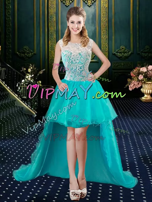 Flare Aqua Blue Lace Up Quinceanera Gown Lace Sleeveless Floor Length