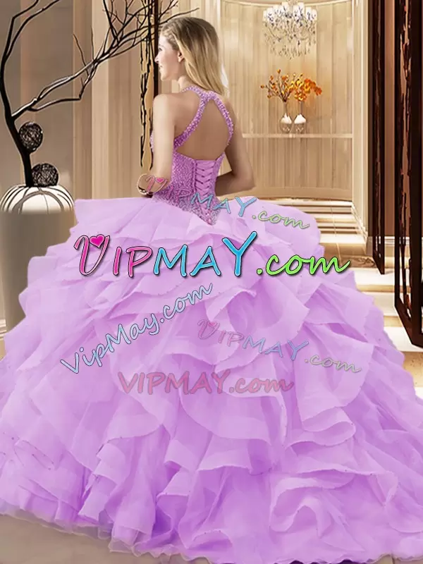 Pink Organza Lace Up Sweet 16 Dresses Sleeveless Brush Train Beading and Ruffles
