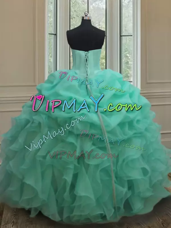 Floor Length Apple Green Quinceanera Dresses Organza Sleeveless Beading and Ruffles and Pick Ups