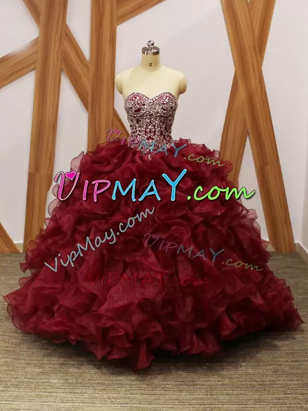 Sleeveless Sweetheart Brush Train Beading and Ruffles Lace Up Sweet 16 Dresses