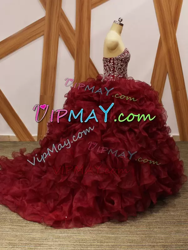 Sleeveless Sweetheart Brush Train Beading and Ruffles Lace Up Sweet 16 Dresses