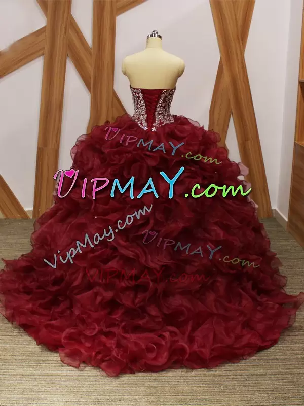 Sleeveless Sweetheart Brush Train Beading and Ruffles Lace Up Sweet 16 Dresses