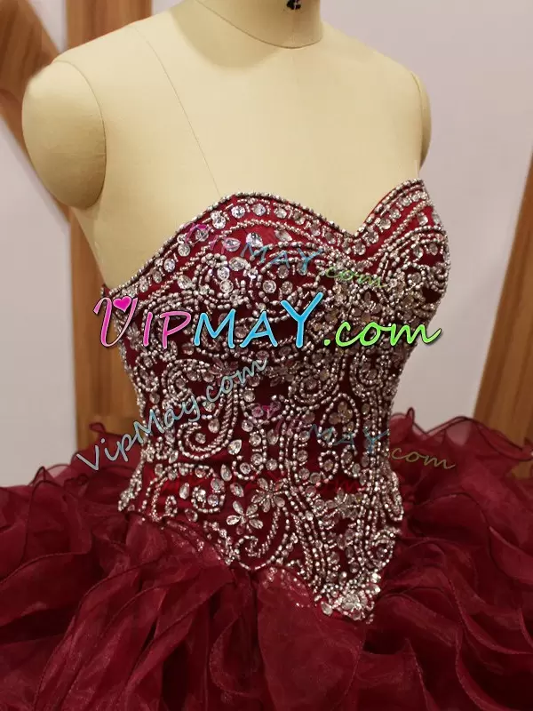 Sleeveless Sweetheart Brush Train Beading and Ruffles Lace Up Sweet 16 Dresses