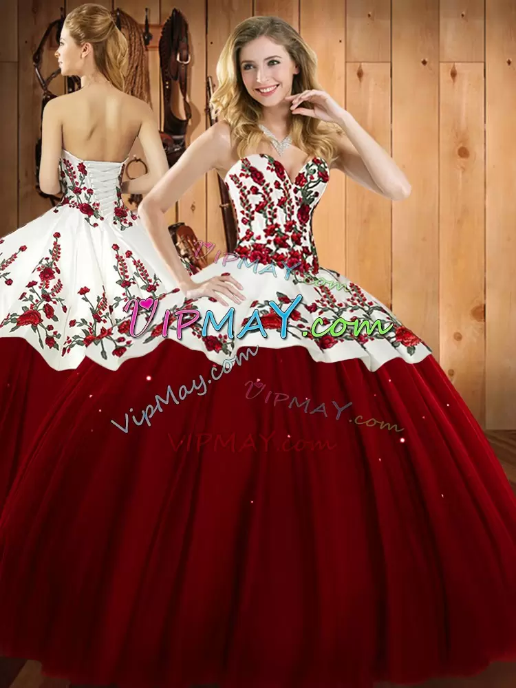 Flare Sweetheart Sleeveless Quince Ball Gowns Floor Length Embroidery Wine Red Tulle