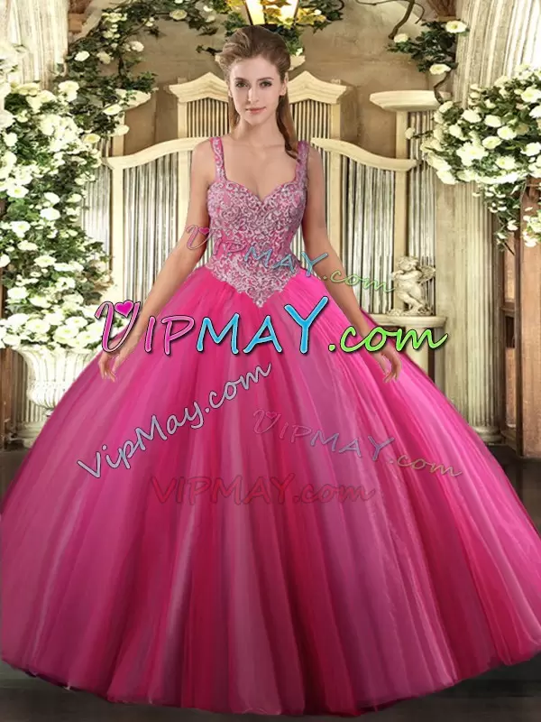 Floor Length Ball Gowns Sleeveless Hot Pink 15th Birthday Dress Lace Up