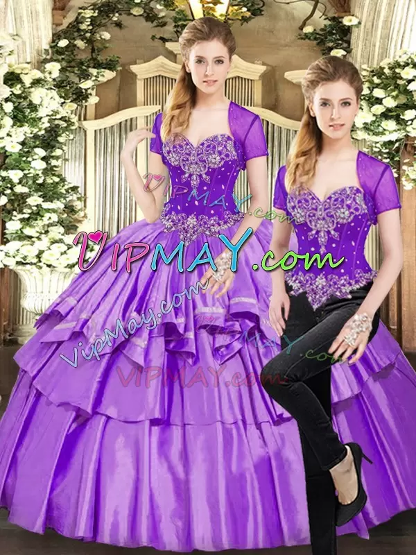 Beading and Ruffled Layers Vestidos de Quinceanera Lavender Lace Up Sleeveless Floor Length