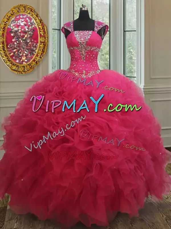 Elegant Hot Pink Quinceanera Dress Military Ball and Sweet 16 and Quinceanera with Beading and Ruffles Square Cap Sleeves Lace Up