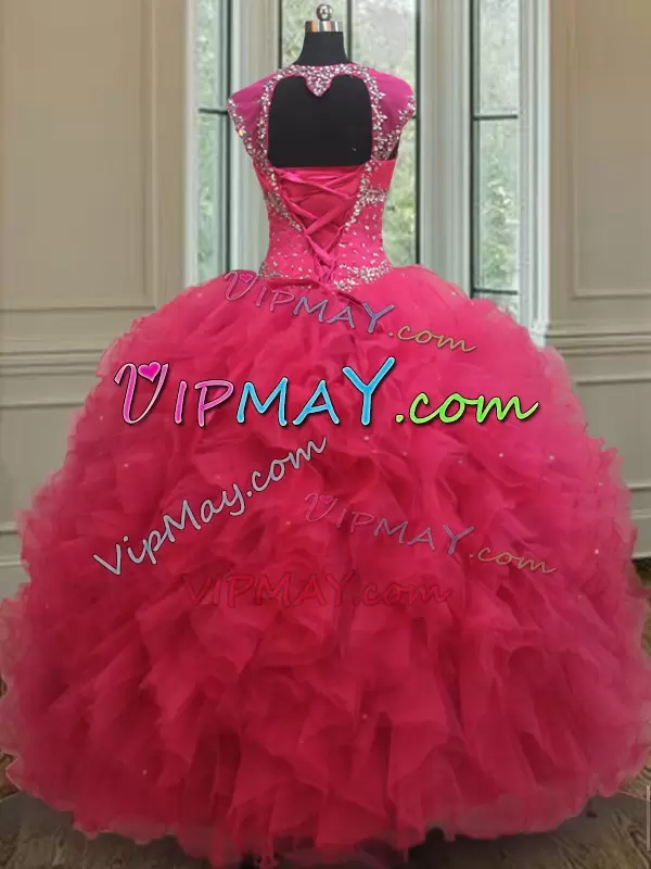 Elegant Hot Pink Quinceanera Dress Military Ball and Sweet 16 and Quinceanera with Beading and Ruffles Square Cap Sleeves Lace Up