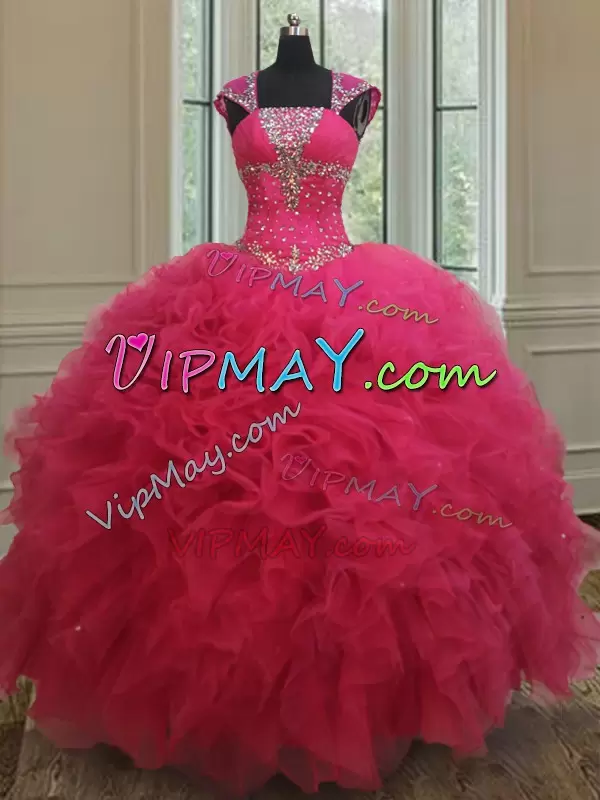 Elegant Hot Pink Quinceanera Dress Military Ball and Sweet 16 and Quinceanera with Beading and Ruffles Square Cap Sleeves Lace Up