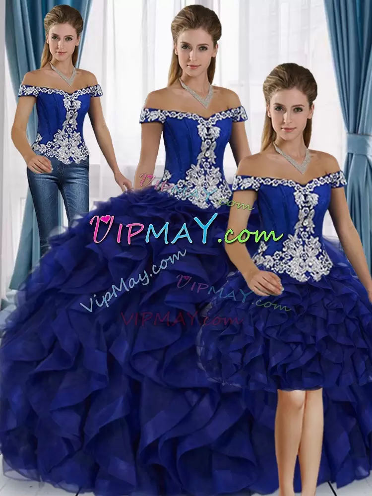 Royal Blue Ruffles Off Shoulder Three Piece Removable Skirt Quinceanera Dress