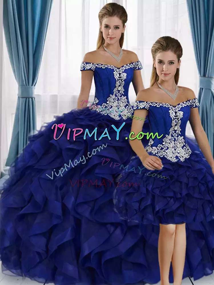 Royal Blue Ruffles Off Shoulder Three Piece Removable Skirt Quinceanera Dress