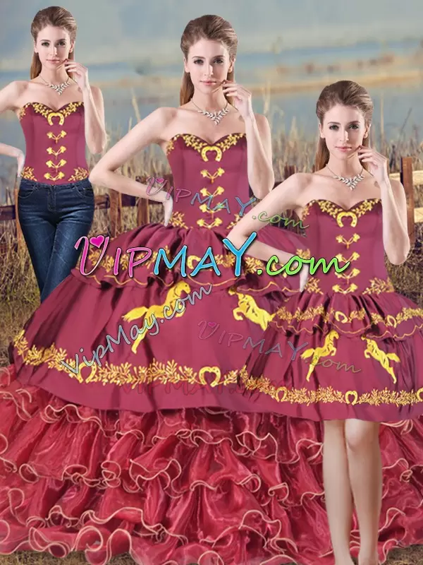 Burgundy Sweetheart Neckline Embroidery and Ruffles Quinceanera Gowns Sleeveless Lace Up