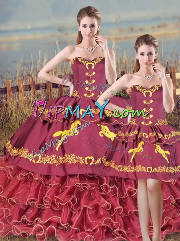 Burgundy Sweetheart Neckline Embroidery and Ruffles Quinceanera Gowns Sleeveless Lace Up