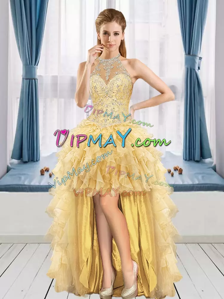 Modest Gold Lace Up Sweet 16 Dress Beading and Ruffles Sleeveless Floor Length