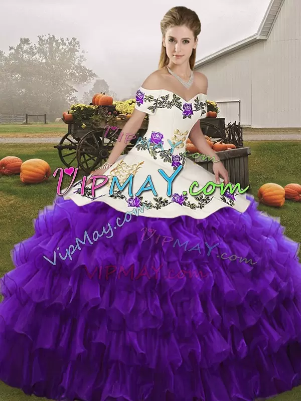 Clearance Floor Length Ball Gowns Sleeveless White And Purple Vestidos de Quinceanera Lace Up